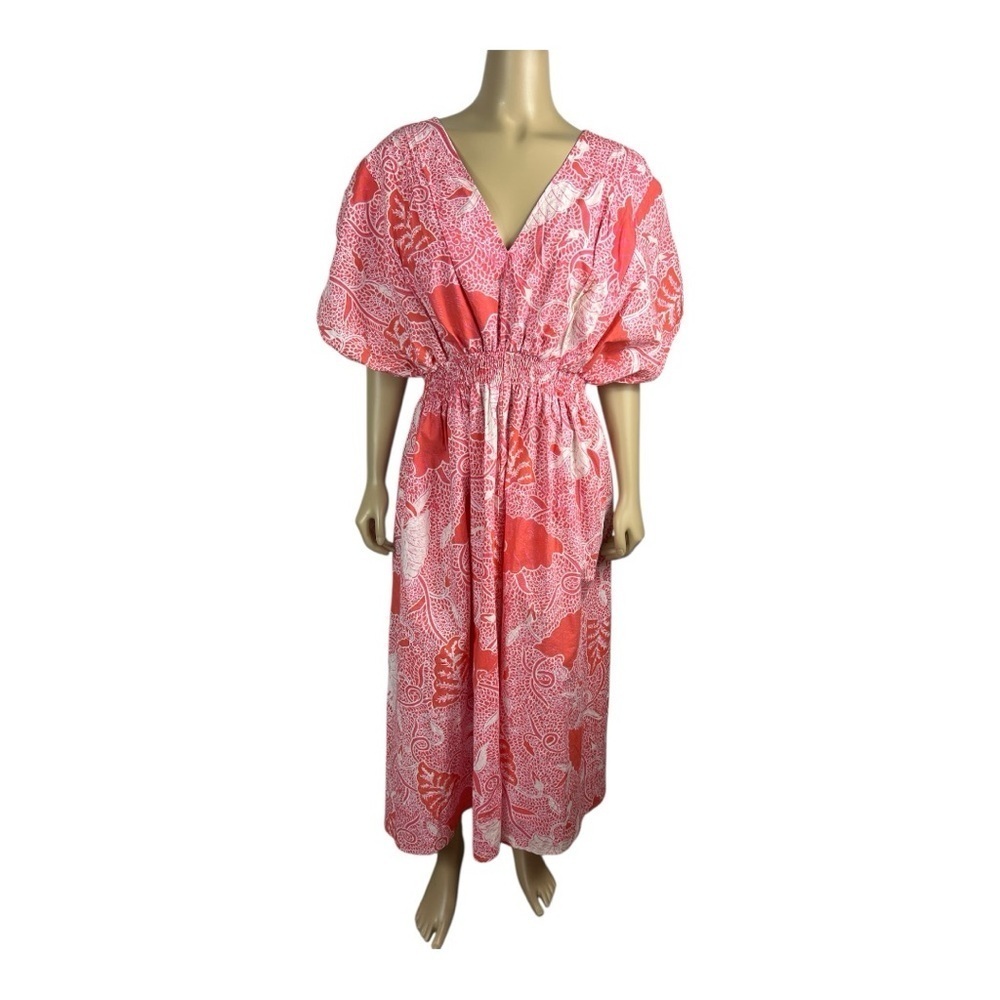 Fragonard Parfumeur One Size Caftan Tropical Print Maxi Dress Coral Smock Waist